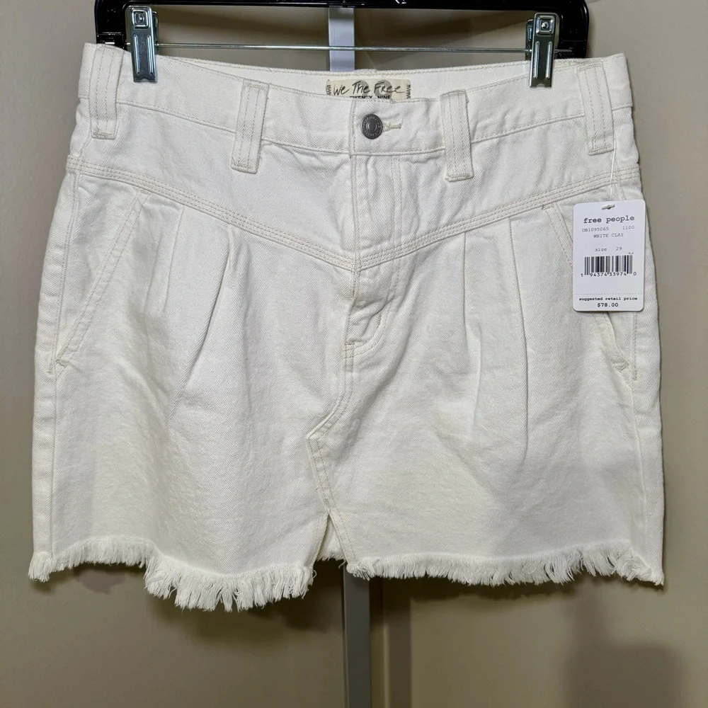 Free‎ People We The Free White Clay Side Car Denim Mini Skirt Pleated Raw Hem F7